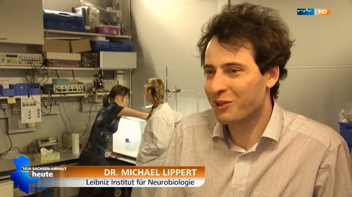 Interview mit Michael Lippert, im Hintergrund kümmern sich 2 Wissenschaftlerinnen, um die beiden Ratten