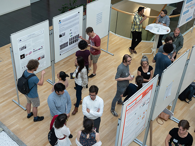 Wissenschaftler unterhalten sich an Posterwänden über ihre Forschung